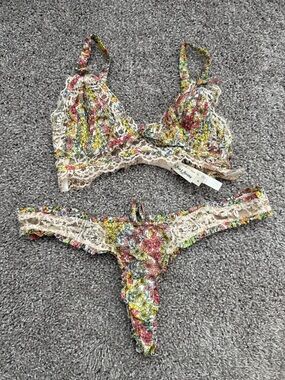 For Love & Lemons - Floral Lace Bralette & Thong Set - Yellow, Pink, Green
